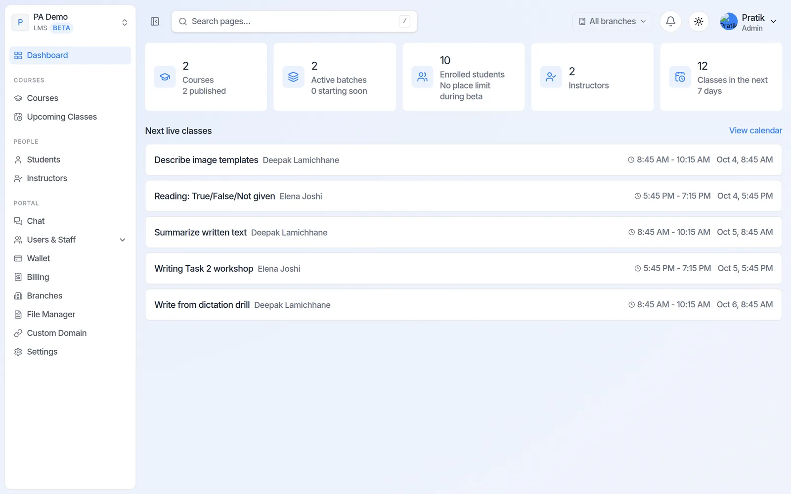 Practet Courses dashboard on the PA Demo portal